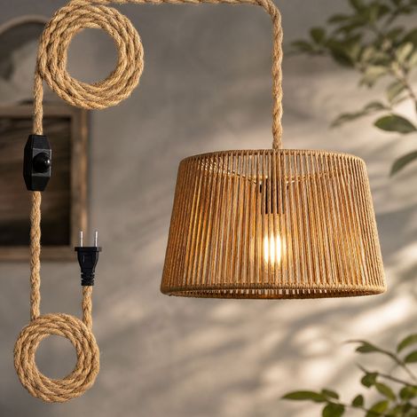 Suspension en corde de chanvre tressée à la main, abat-jour Ø27.5cm, variateur intégré, câble 4.5m, style bohème naturel (1/4)