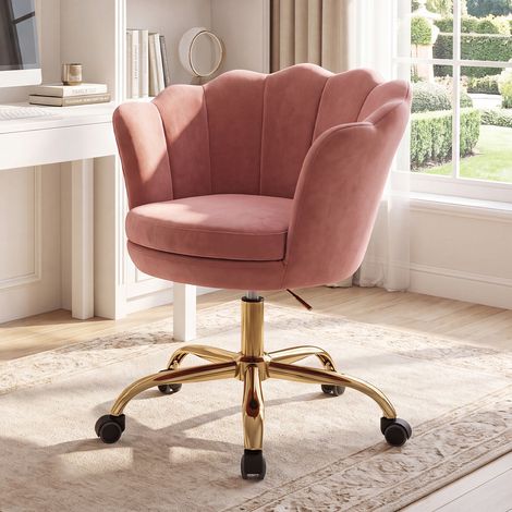 Wahson Sedia da Scrivania in Velluto con con Gambe in Metallo, Sedia da Ufficio Girevole Sedia in Altezza, Seduta Imbottita Regolabile, Rosa