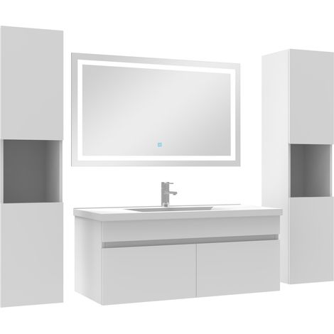 Ensemble meubles Salle de Bain 100cm vasque + colonnex2 + miroir lumineux Blanc