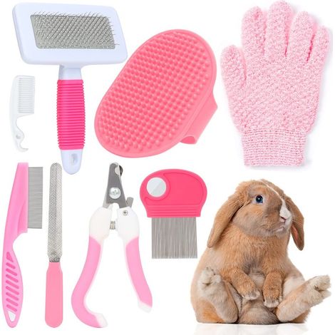 Kit per la toelettatura di animali domestici, comprensivo di 5 strumenti, adatto ai conigli (rosa).