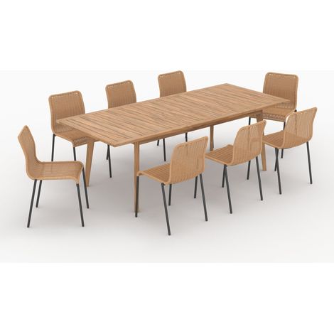 Table et chaises de jardin 8 personnes, bois, résine tressée naturelle - Tunga