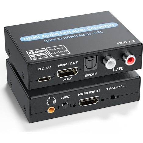 Convertisseur audio HDMI ARC 4K à 60 Hz avec sortie optique SPDIF, sortie stéréo 3,5 mm et sortie analogique RCA L/R. Compatible HDCP 5.1.