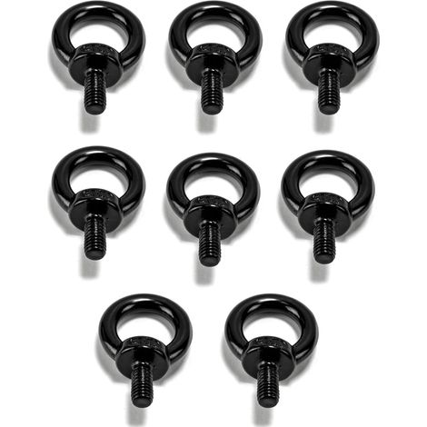 Un ensemble de huit boulons à œil M8 robustes, en acier inoxydable noir 304, avec anneaux à œillet filetés et tiges filetées à l'extérieur. (1/5)