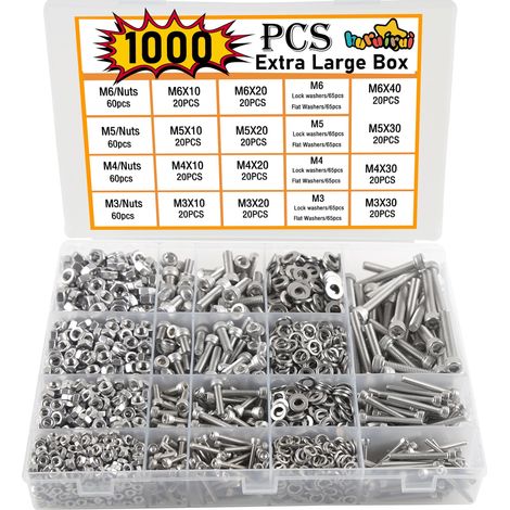 1000pcs M3 M4 M5 M6Jeu de Vis et écrous Vis Boulon et écrous à Six Pans Creux 304 Visserie Inox Assortiment Ecrous et Boulons Rondelles Kit pour Réparation Bricolage Mécanique (1/5)