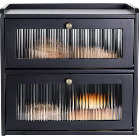 Huche à Pain Grandes Boîtes de Rangement Pour Pain En Bois Massif Double Boite a Pain Boîte de Rangement Pour Pâtisseries Avec Porte Magnétique En Acrylique Huche à Pain (Noir) (1/5)
