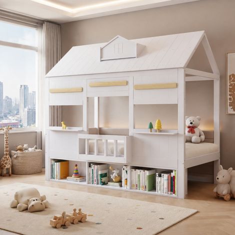 Hochbett, Kinderbett, Feines hausförmiges Design, ZMit einer Reihe Bücherregal, Stabiler Lattenrost, Kiefer + MDF + Sperrholz, Weiß, 90x200cm (1/5)