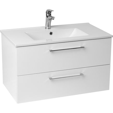 Wandhängender Waschtischunterschrank – 80 cm – Hochglanzoberfläche – Waschbecken – 2 Schubladen