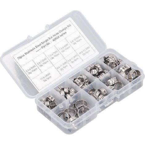 Kit de colliers de serrage pour tuyaux à une oreille, 70 pièces, en acier inoxydable, en continu, 9 spécifications, assortiment (1/5)