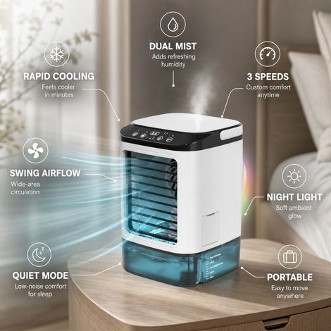 Ventilateur Brumisateur USB 5ème Gén. 900ml, Refroidisseur d'Air Portable Silencieux avec Lumière LED, Idéal Bureau (1/4)