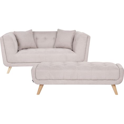 Sofá 2 plazas de tela con otomana cojines decorativos patas de madera capitoné estilo retro gris pardo Habo (1/5)