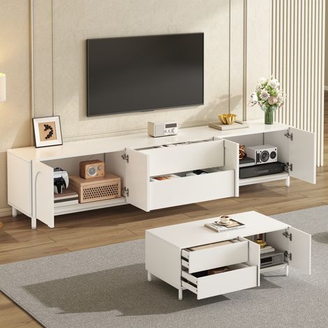 Ensemble salon avec meuble TV et table basse, mobilier à portes courbées, corps en panneaux de particules et MDF, pieds en acier tubulaire, solution de rangement pour séjour (1/5)