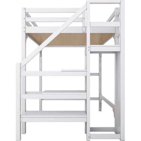 Hochbett 140 x 200 cm mit Leiter und Schrank, weiß, Lattenrost (1/5)