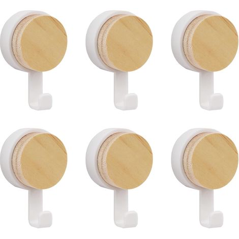 6 patères murales en bois naturel sans perçage, adhésives, pour serviettes et vêtements en chambre ou salon (1/5)
