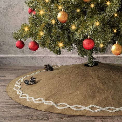 Tapis de sapin de Noël, grand format (122 cm), en jute naturel, orné de dentelle blanche cousue à la main, décoration rustique pour sapin de Noël... (1/5)