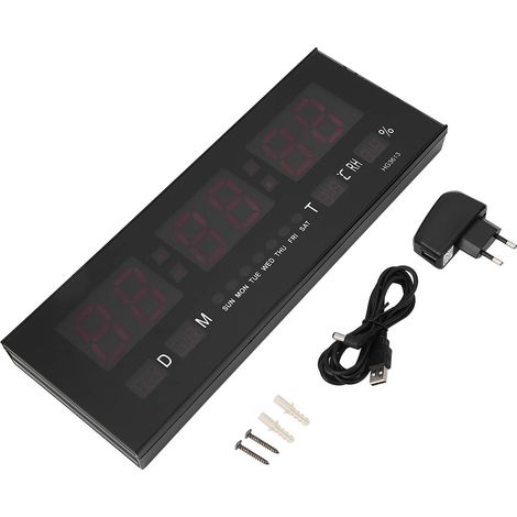 Horloge Murale LED Numérique Grand Format Affichage Date Température Humidité Alarme Snooze Design Moderne Plastique Noir (1/5)