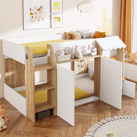 Kinderbett Hausbett 90x200 cm mit offenem Stauraum und sicherer Kletterleiter, halbhohes Kinderhochbett aus Massivholz, Weiß und Holzfarbe (1/5)