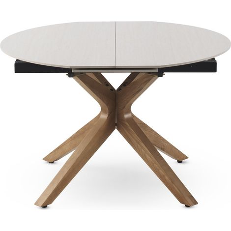 Table ronde extensible 120/160 x 90 cm, pieds en chêne, plateau en céramique effet marbre travertin (1/5)