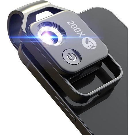 Microscopio per telefono con lente CPL, luce LED, nano-zoom 200x, accessorio per microscopio tascabile con clip universale, regalo per bambini e adulti.