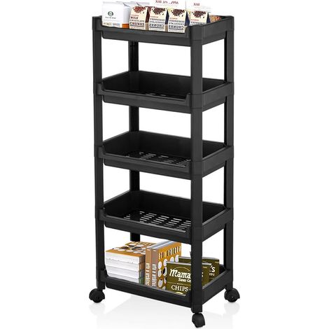Carrello Salvaspazio Cucina Bagno Scaffale Portaoggetti Multiuso Nero 5 Ripiani