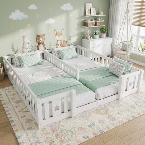 Kinder-Hausbett 90x200 cm/180x200 cm aus massiver Kiefer - Hochbett mit Sternenmotiv und Sicherheitsbarriere - Inkl. Lattenrost - Montessori-Design - Weiß