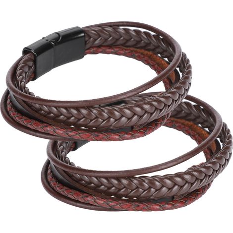 2Pcs Braided PU Leather Bracelet Magnetic Button DIY HandMade Vintage Wrist Cuff Jewelry(Black Alloy Button Brown Bracelet ) (1/5)