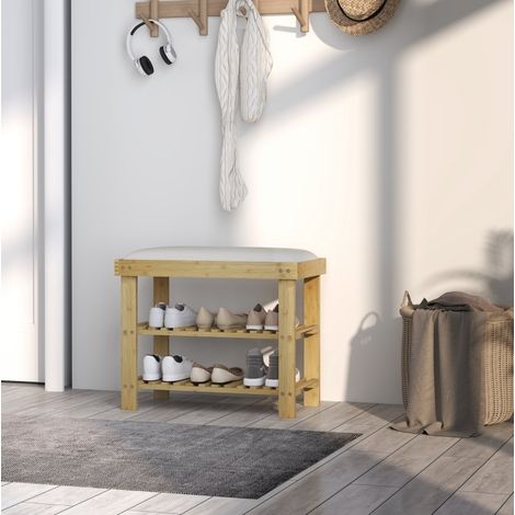 Banco zapatero de bambú con asiento y almacenamiento, 60 x 29 x 49 cm, blanco crema (1/5)