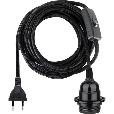 Deckenpendelleuchtenfassung, E27-Schraubfassung mit hängendem Schalter und Verriegelungsring für den Schirm, 2-adriges Verlängerungskabel mit europäischem Stecker (3,5 m, schwarz) (1/4)