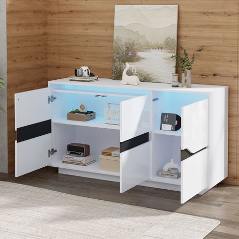 Buffet de salon — Modèle à trois portes : un meuble de rangement polyvalent doté d'étagères réglables, de compartiments spacieux sans poignées, d'une finition laquée haute brillance et d'un éclairage  (1/4)