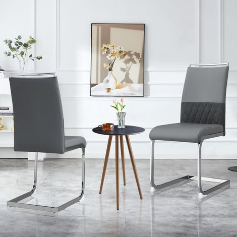 Lot de 6 chaises de salle à manger grises en similicuir PU et lin, dossier haut rembourré à bandes horizontales, assise mousse 7 cm, pieds métal (1/5)