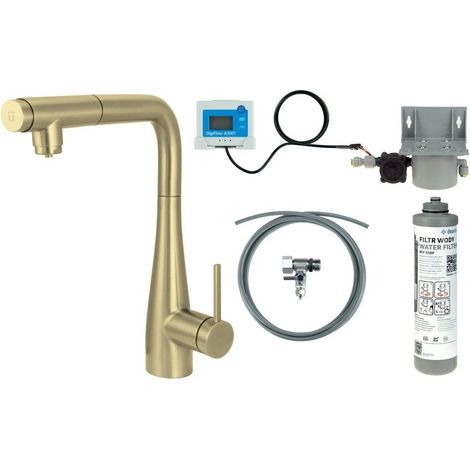 Miscelatore per lavello cucina con kit filtro acqua e bocca estraibile oro spazzolato - Lyra