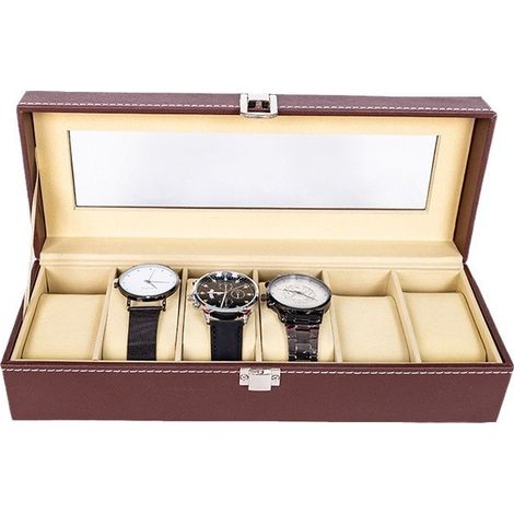 PU-Leder Uhrenbox, 6 Fächer, Luxus-Aufbewahrungsorganizer für Zuhause und Sammlung, Braun-lsw