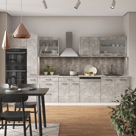 Cucina  R-Line, Cemento/Bianco, 350 cm con armadio alto, PL Marmo, Vicco (1/5)