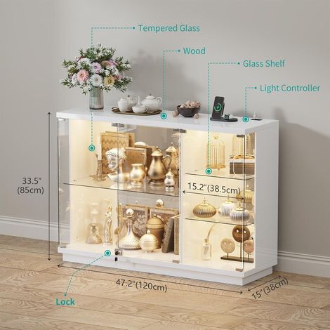 Glasvitrine mit LED, Körpersensor & Ladefunktion, Weiß, 120cm (1/5)