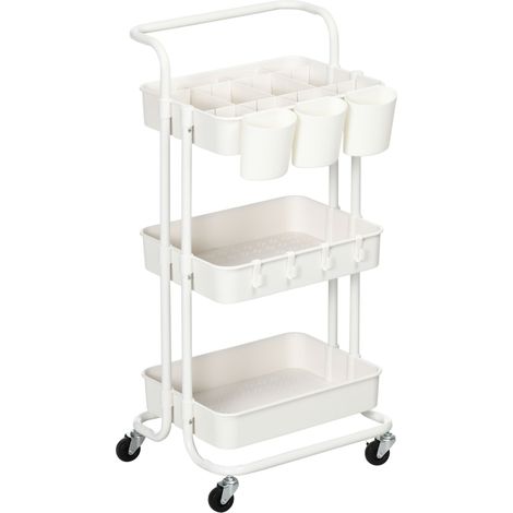 HOMCOM Carrello Multiuso a 3 Livelli con Cestini, Ganci e 12 Divisori, Bianco