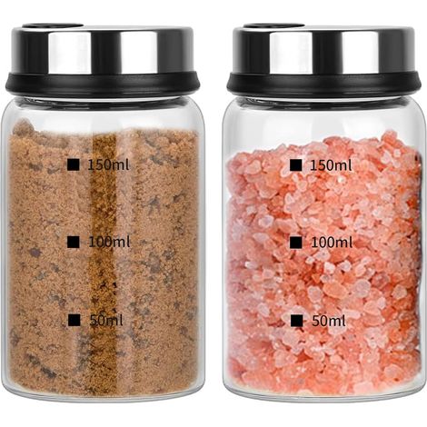 2Pcs 150ml Bocaux à Épices avec Couvercle Rotatifs & 4 Types Trous épices Coulée Réglables, Pots à Salières et Poivrières Verre Borosilicaté, Bocaux Rangement pour Sels Cuisine, Barbecues à Extérieur