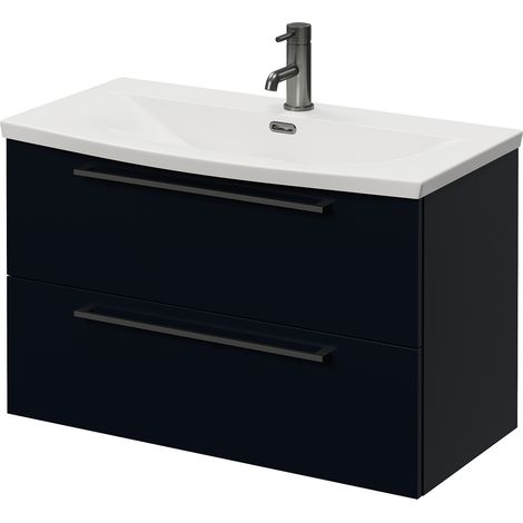 Napoli 390 Deep Blue 800mm Wall Mounted 2 Drawer Vanity Unit with Arc Basin - 800mm - Gunmetal Grey 480mm Handle
