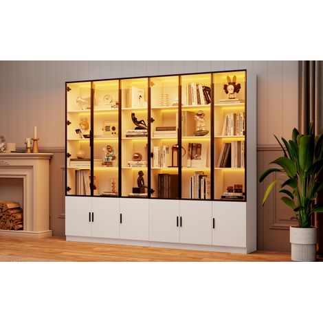 Hohe Vitrine aus MDF und Glas, weiß, 240 x 32 x 200 cm, mit LED, 12 Türen MODENUIT (1/2)