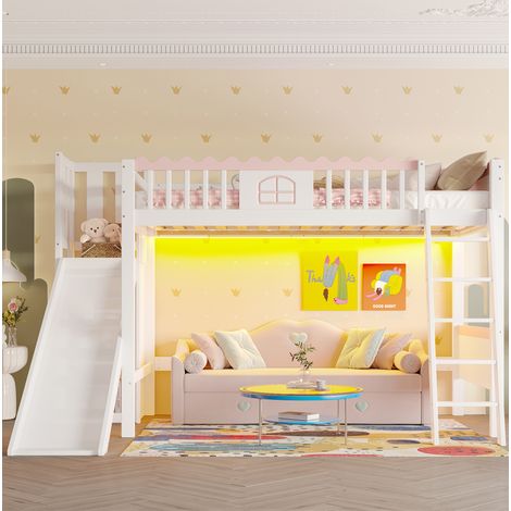 Lit mezzanine enfant en pin blanc 90x200 cm avec toboggan, étagères et bande LED (1/5)