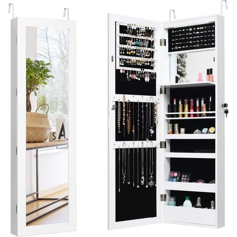 GOPLUS Armoire à Bijoux Murale avec Miroir Pleine Longueur,avec Lumières LED Automatiques Miroir Intégré,Serrure à Clé,Blanc (1/4)