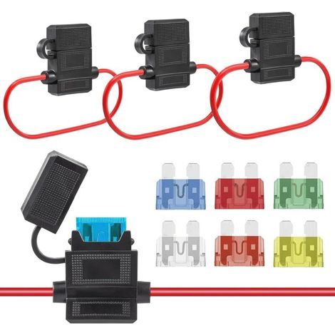 6Pièces Porte Fusible 12V Porte-fusibles Etanche Adaptateur 12AWG 14AWG 16AWG Fil Calibre avec 24piéces 10A 15A 20A 25A 30A 40A Standard Fusibles Voiture Lame pour Auto Moto Camion (1/5)