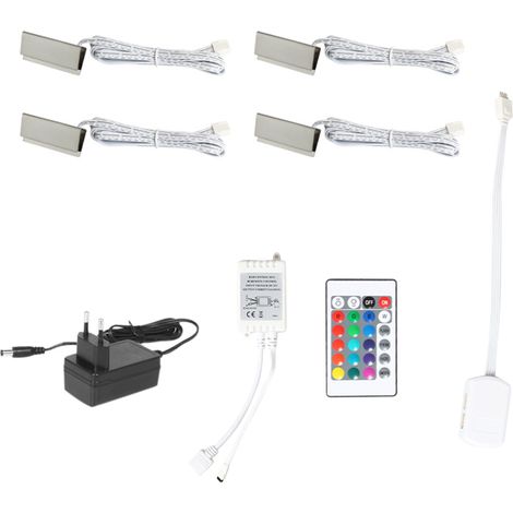 Juego de luces LED con clip para estantes de vidrio con control remoto (4 luces, RGB) para estantes de vidrio debajo de los muebles. (1/5)