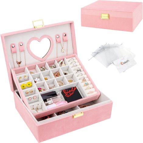 Boîte à Bijoux en Velours, Coffret à Bijoux Rayée avec Miroir, Rangement Bijoux de Voyage à 2 Couches, Grand Organisateur de Bijoux pour Bagues, Bracelets, Colliers, Rose (1/5)