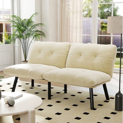 Sofá cama plegable de 2 plazas color crema con tapizado de terciopelo y estructura metálica (1/5)