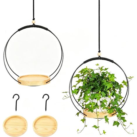 2 Pcs Pots de Fleurs Suspendus Panier Suspendu Pot Fleurs D'intérieur avec Crochets Pot Suspendu Plantes Jardinières Suspendues Anneau en Métal Base Ronde en Bois Support pour Plantes pour Plafond (1/5)