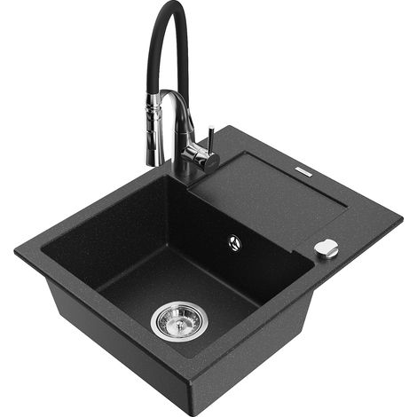 Mexen Enzo Granitspüle 1-Becken mit Abtropffläche und Küchenarmatur Aster, schwarz/silber-metallic - 6506-73-73450-07 (1/5)