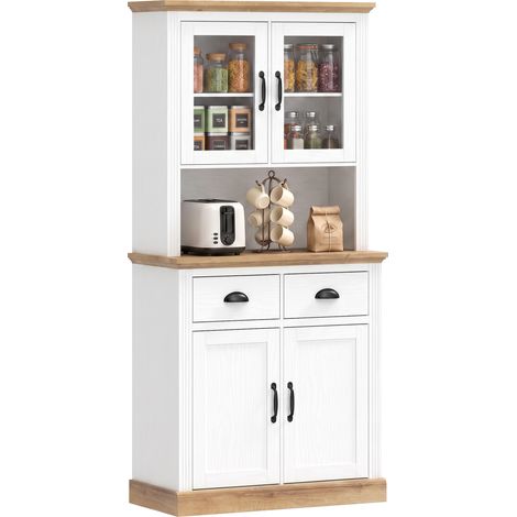 Armoire de cuisine - HOMCOM - 4 portes dont 2 en verre, 2 tiroirs, plan de travail, étagères réglables - bois - 80x38x170cm - blanc (1/5)