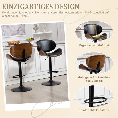 Lot de 2 tabourets de bar pivotants réglables en hauteur bois courbé cuir PU noir dossier ergonomique repose-pieds