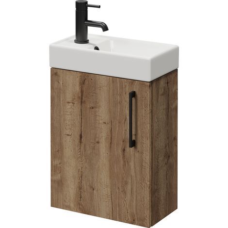 Napoli Cube Tobacco Oak 400mm Wall Mounted Single Door Vanity Unit with Align Basin - 400mm - Matt Black 160mm Handle