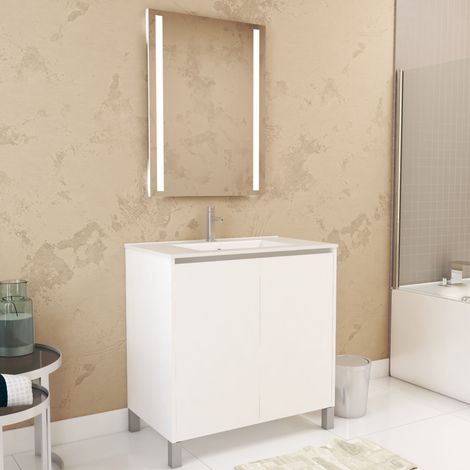Set Mobile Bagno 80cm Laccato Bianco 2 Ante, Lavabo, Specchio 60x80 con luce Led integrata - XENOS
