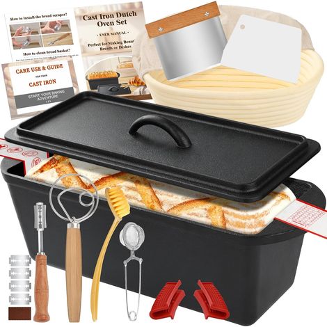 Cast Iron Casserole for Baking Bread, 35 cm Casserole Basket Bread Lifting Basket, Sourdough Bread Baking Equipment, 2 in 1 Stock Pot with Pan Lid, Pan Handles (1/5)
